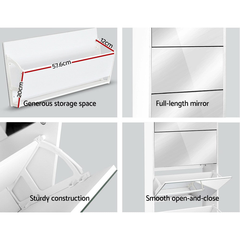 White shoe rack cabinet with full-length mirror panel and open shoe shelves