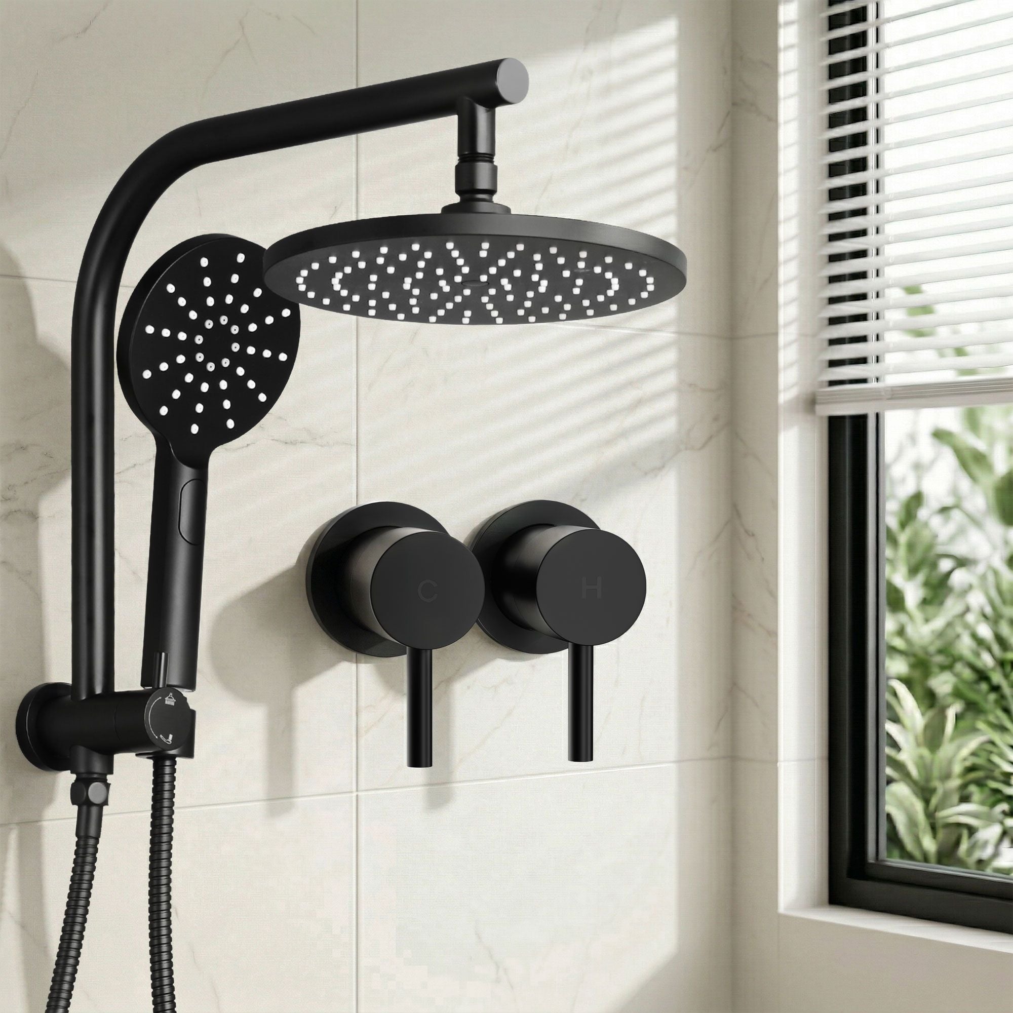 Cefito 9'' Rain Shower Head Set Handheld Round High Pressure Twins Tap Chrome Bedworld