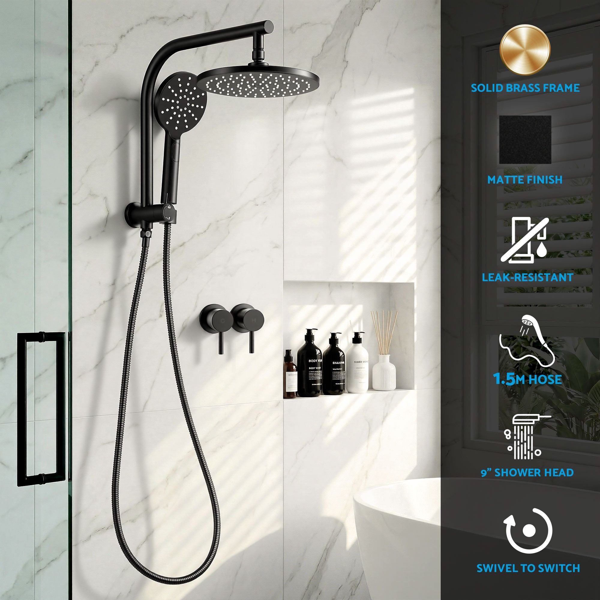 Cefito 9'' Rain Shower Head Set Handheld Round High Pressure Twins Tap Chrome Bedworld