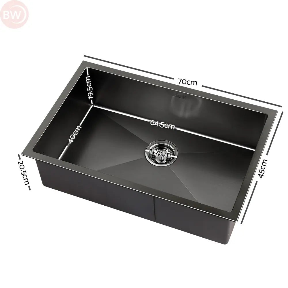 Black rectangular single-bowl sink with measurements and round drain strainer