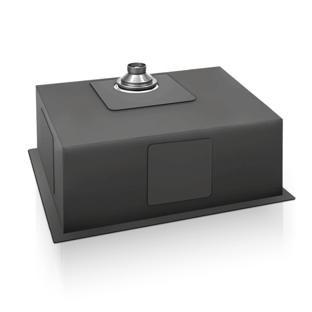 Black single-bowl kitchen sink with drain opening and front access panel