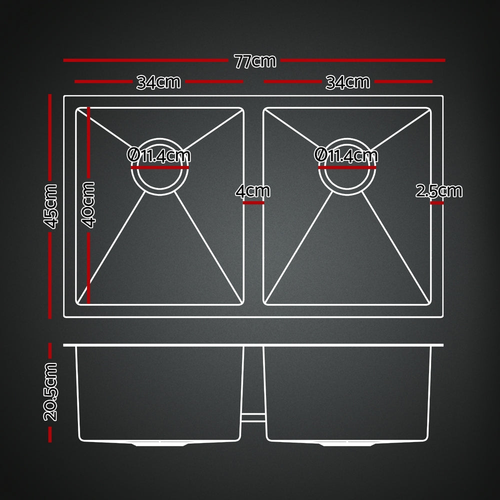 Double-bowl sink layout diagram with two basins, center divider, and drain circles