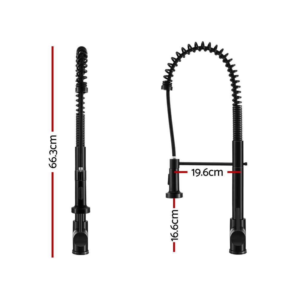 Black pull-out mixer tap with tall gooseneck spout and height measurement views