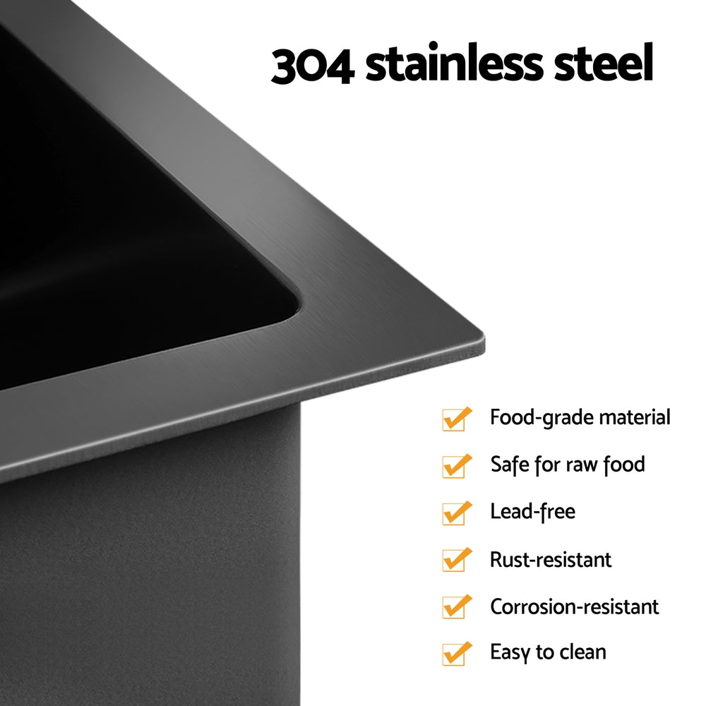 304 stainless steel rim on a black double-bowl sink with smooth inset basin