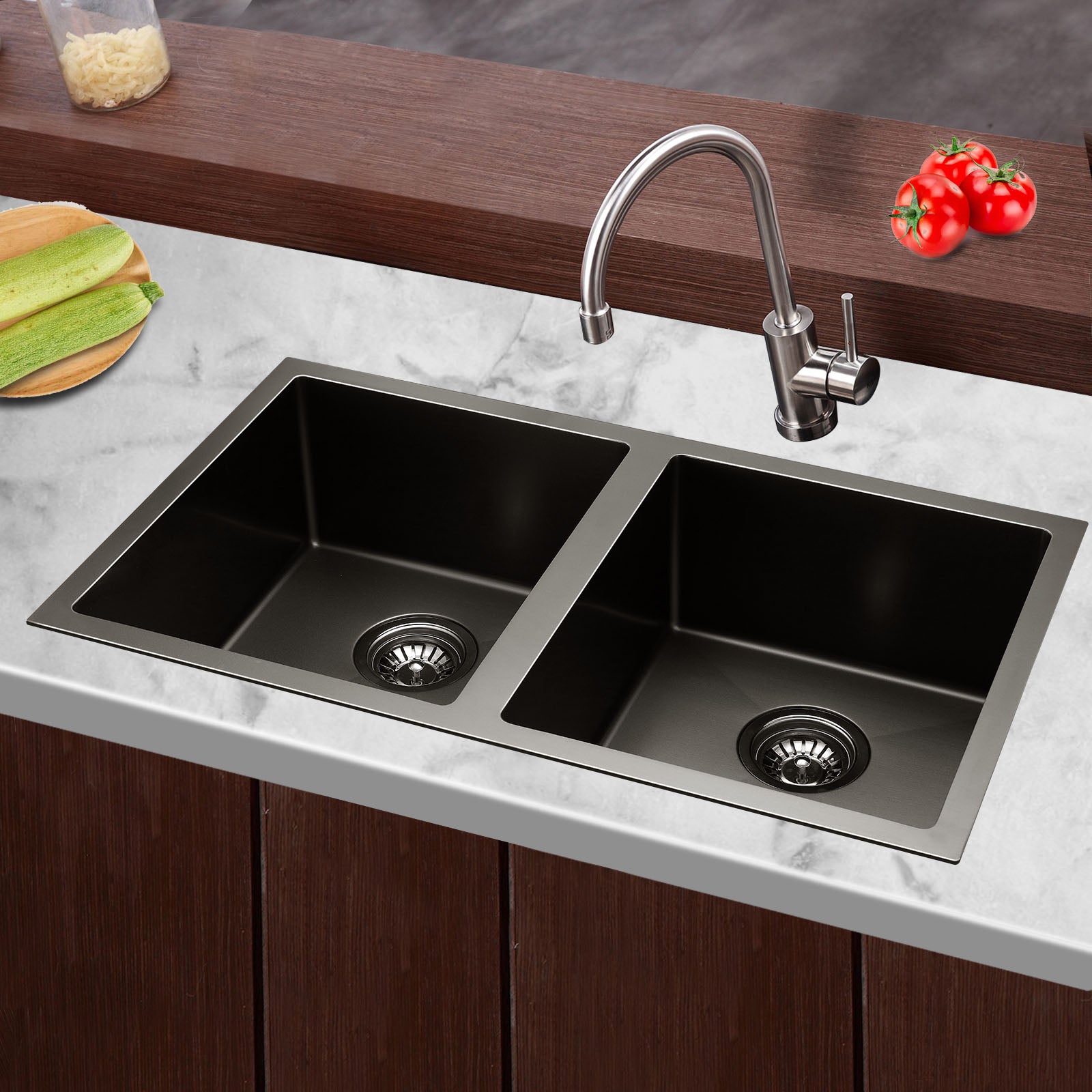 Cefito Kitchen Sink 77X45CM Stainless Steel Basin Double Bowl Black
