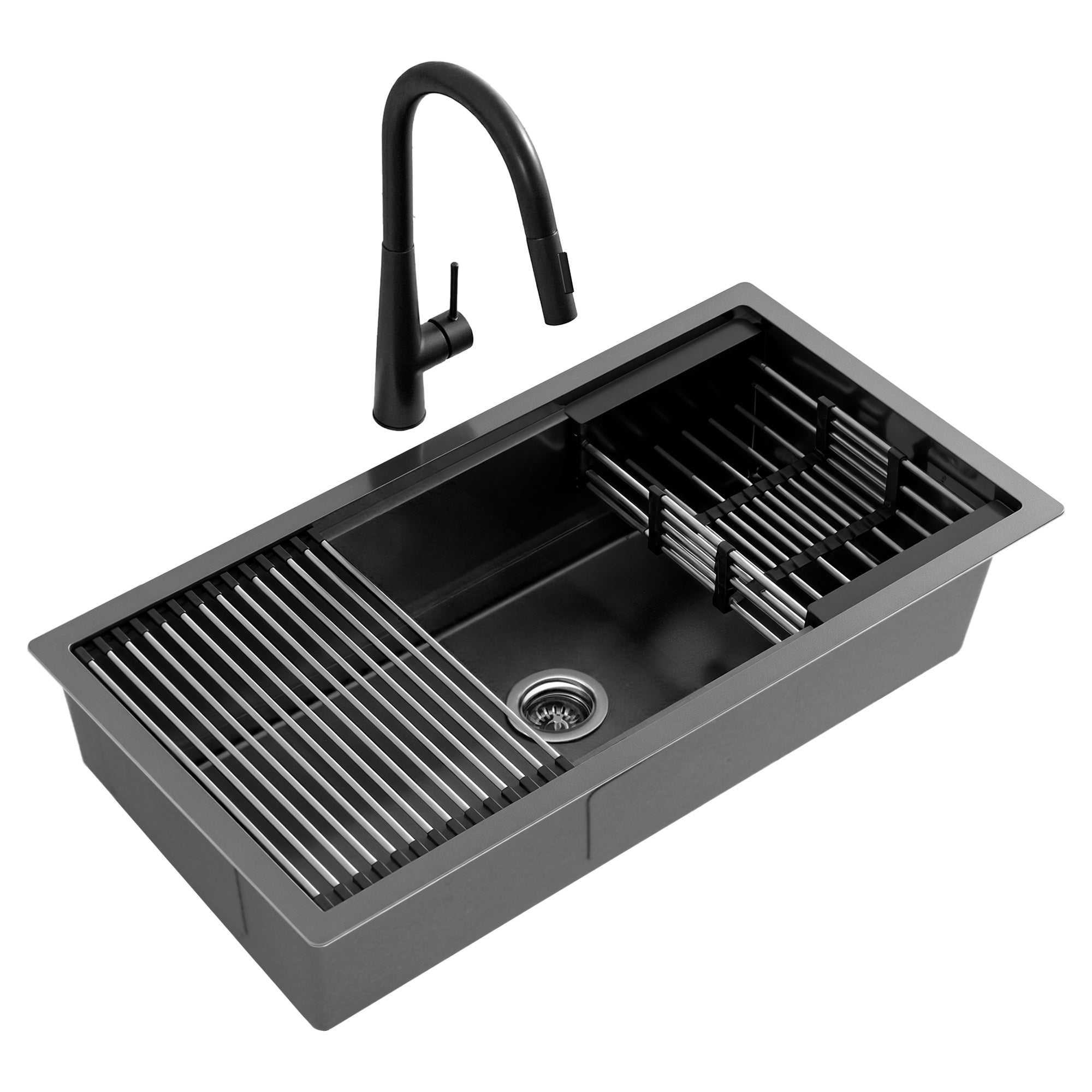 Cefito Stainless Steel Sink 81x45CM With Pull Out Mixer Tap Kitchen Basin Single Bowl Black