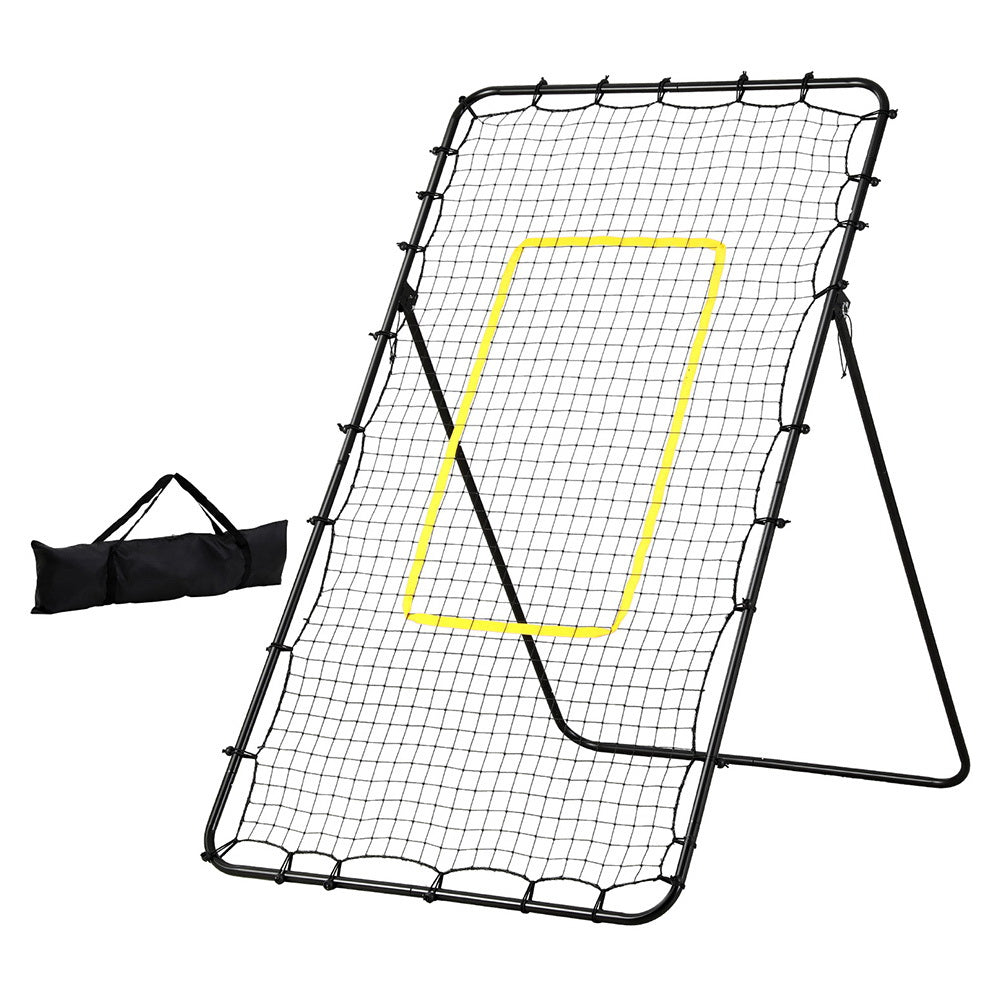 Angle-adjustable rebounder net with black frame, yellow target outline, and storage bag