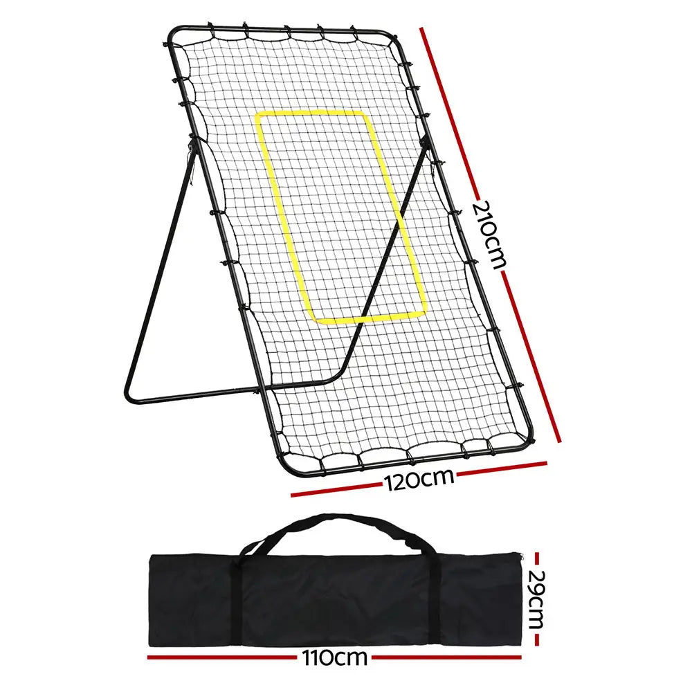 Adjustable rebounder net frame with yellow target outline, with size guide and bag
