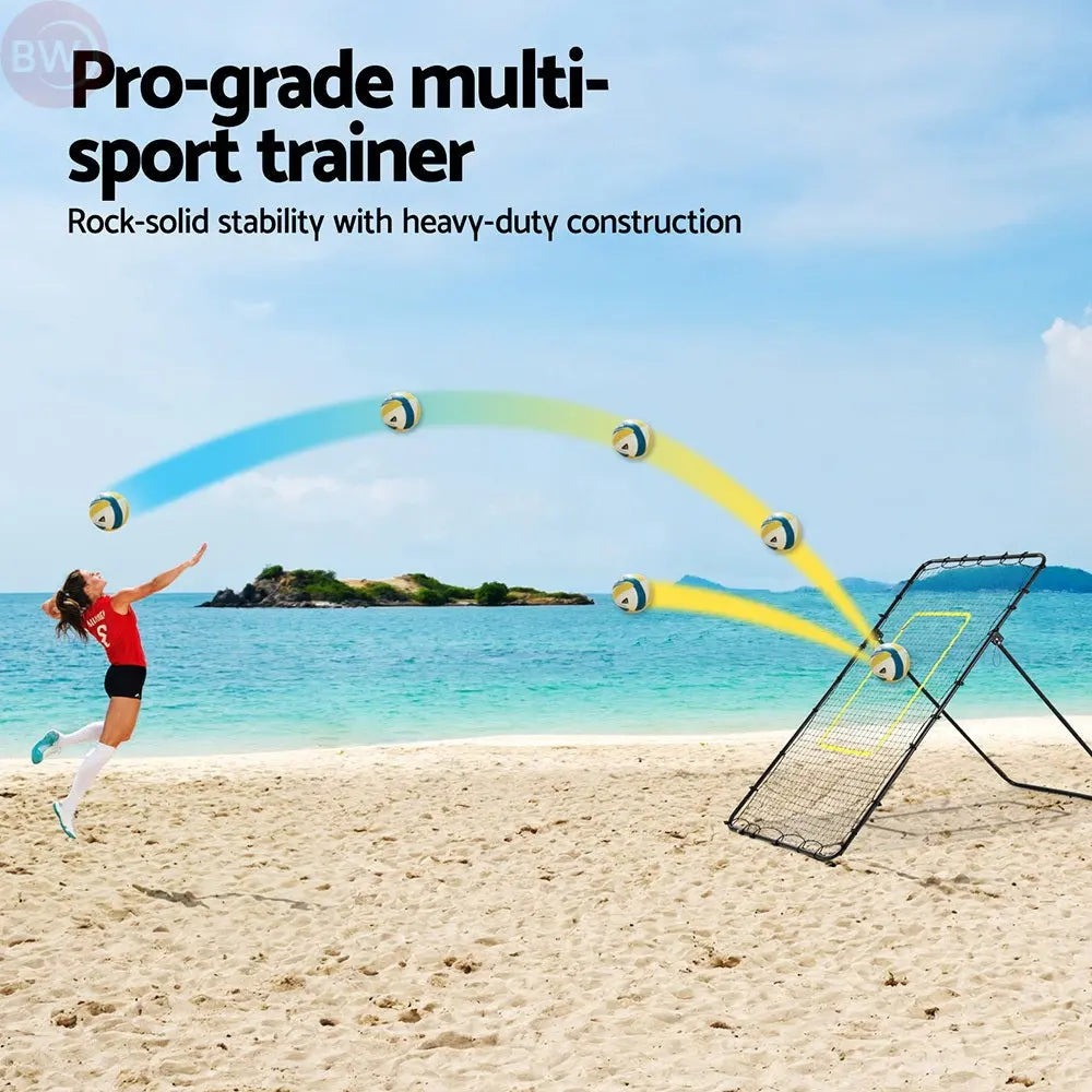 Adjustable rebounder net with black frame and yellow target outline