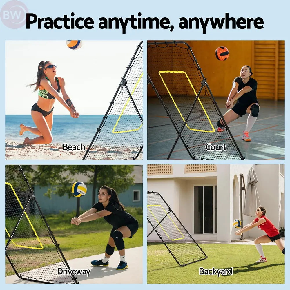 Adjustable rebounder net with yellow target outline and black frame
