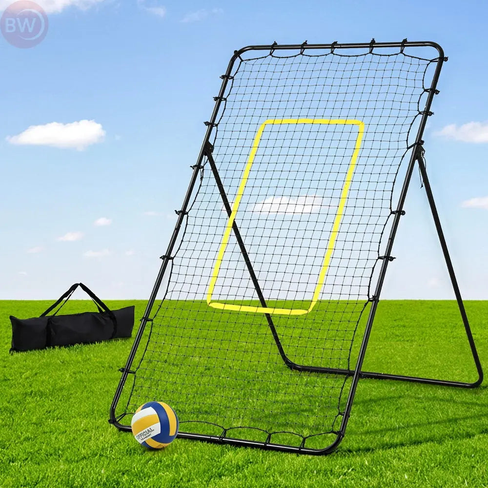 Adjustable rebounder net with black metal frame, yellow target, and carry bag