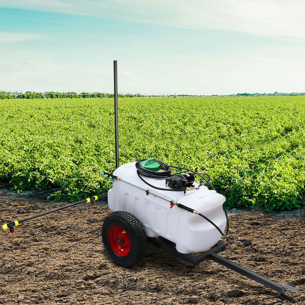 Giantz weed sprayer trailer with 100L white tank, 1.5m boom, and red wheel