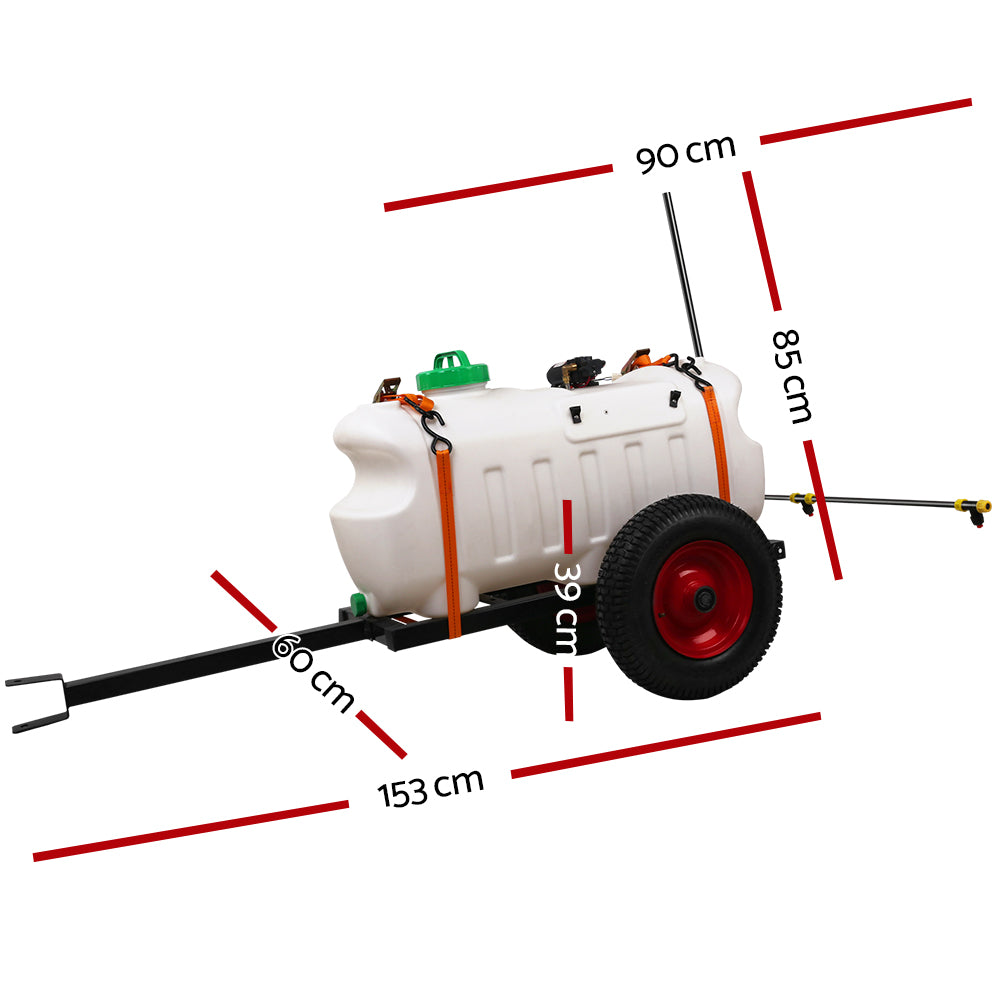 Weed sprayer trailer with white tank, red wheel, black frame, and 1.5m boom
