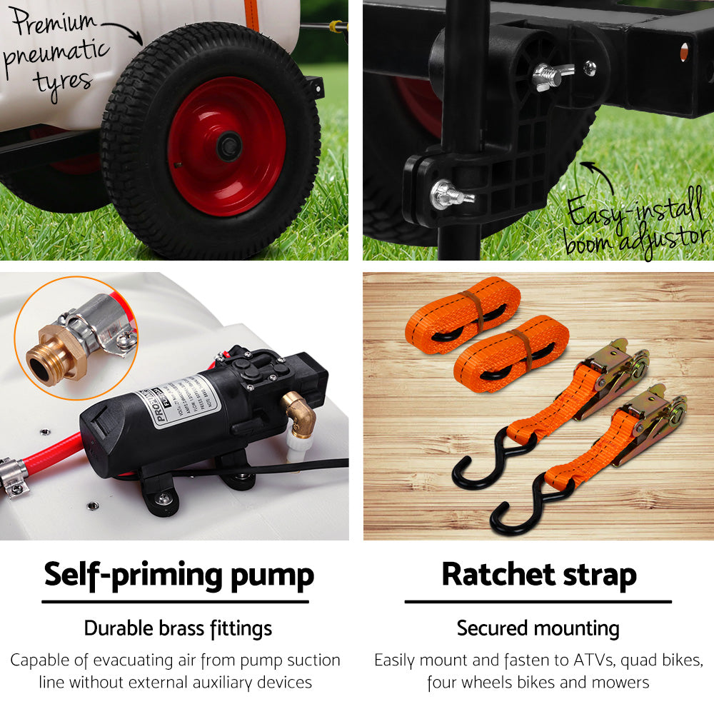 Weed sprayer parts: pneumatic red wheel, adjustable boom, brass fittings, ratchet straps