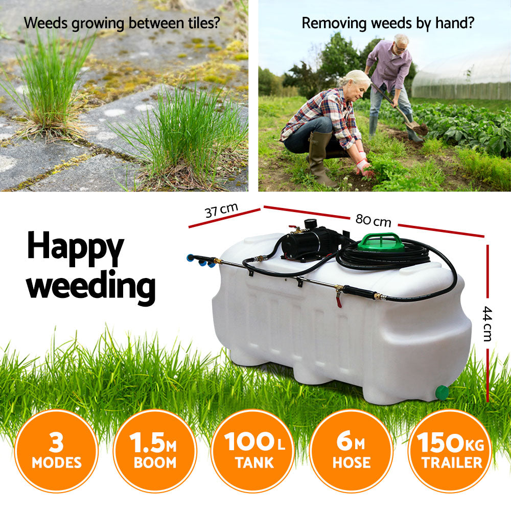 Weed sprayer trailer tank with black pump and 1.5m boom over grass