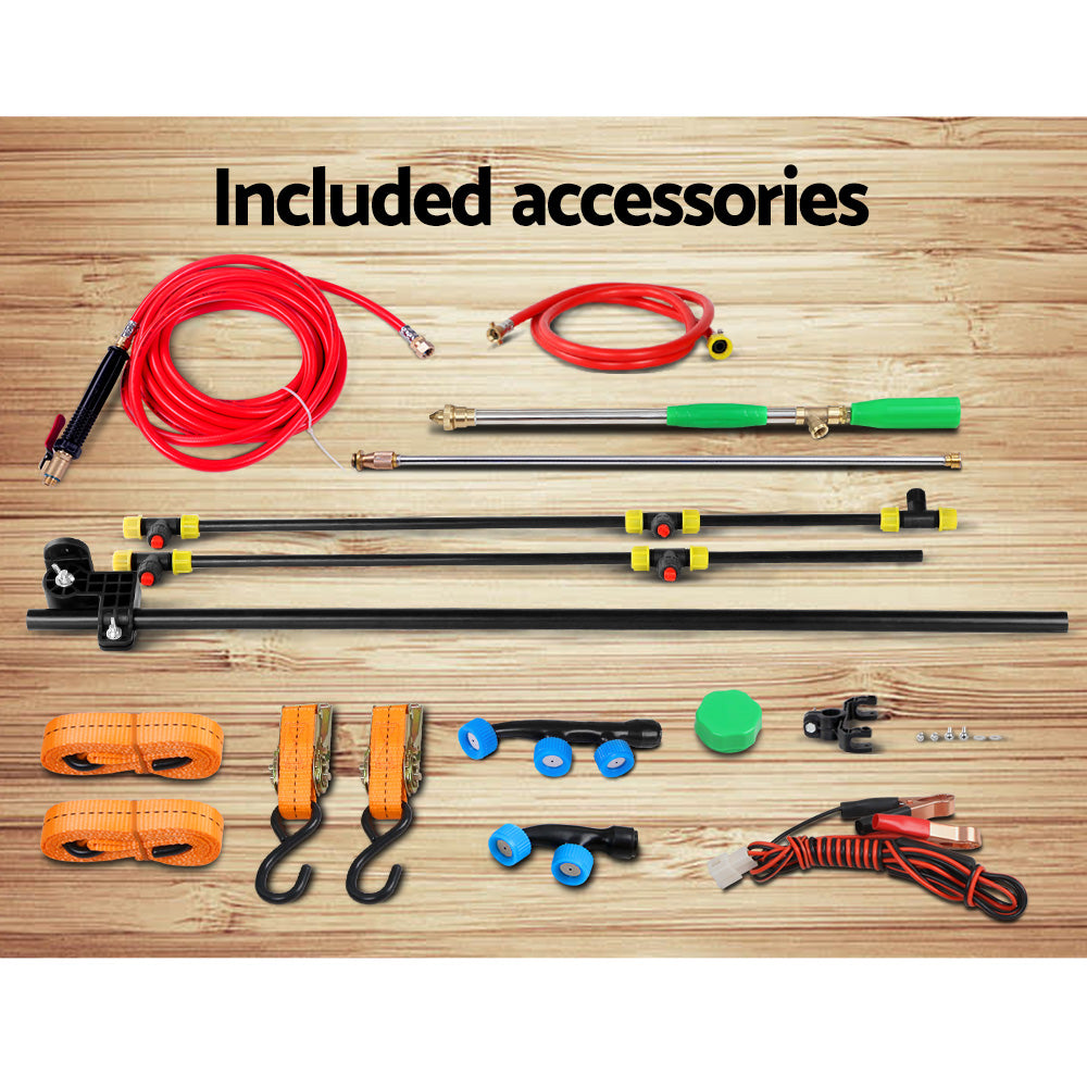 Weed sprayer included accessories: hoses, nozzles, straps, and small fittings on board
