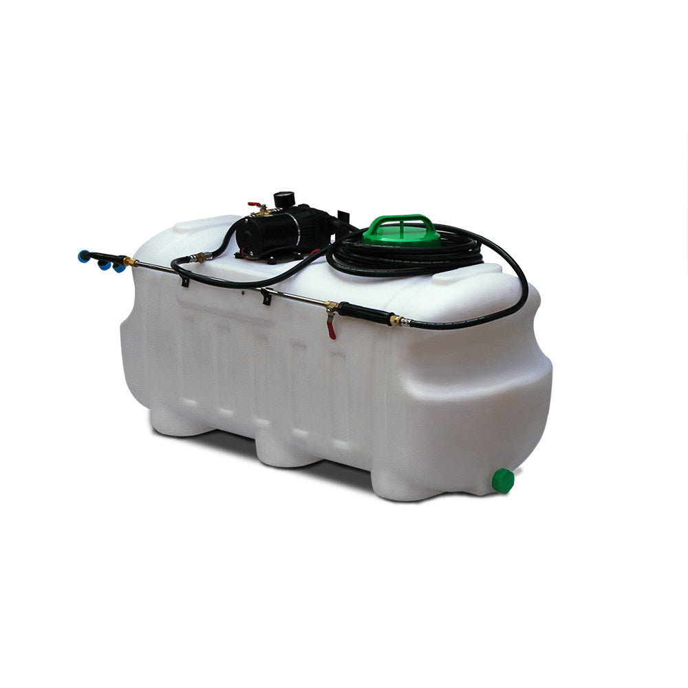 Weed sprayer trailer with white tank, black pump unit, green control cap, and boom