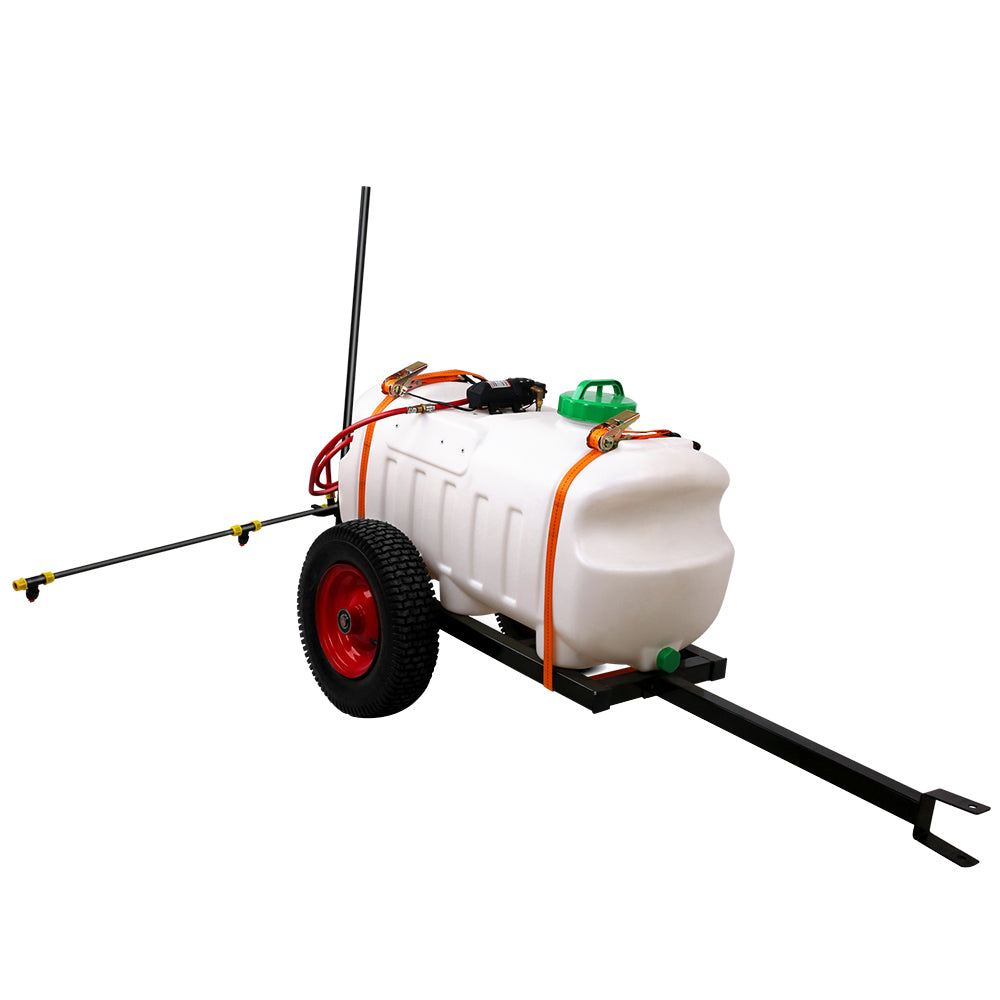 Weed sprayer trailer with white tank, red wheel, 1.5m boom, and tow bar