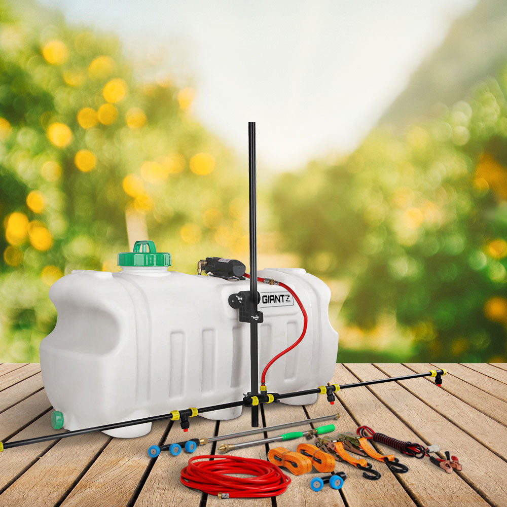 Garden weed sprayer tank with 1.5 m boom, white tank, green cap, red hose