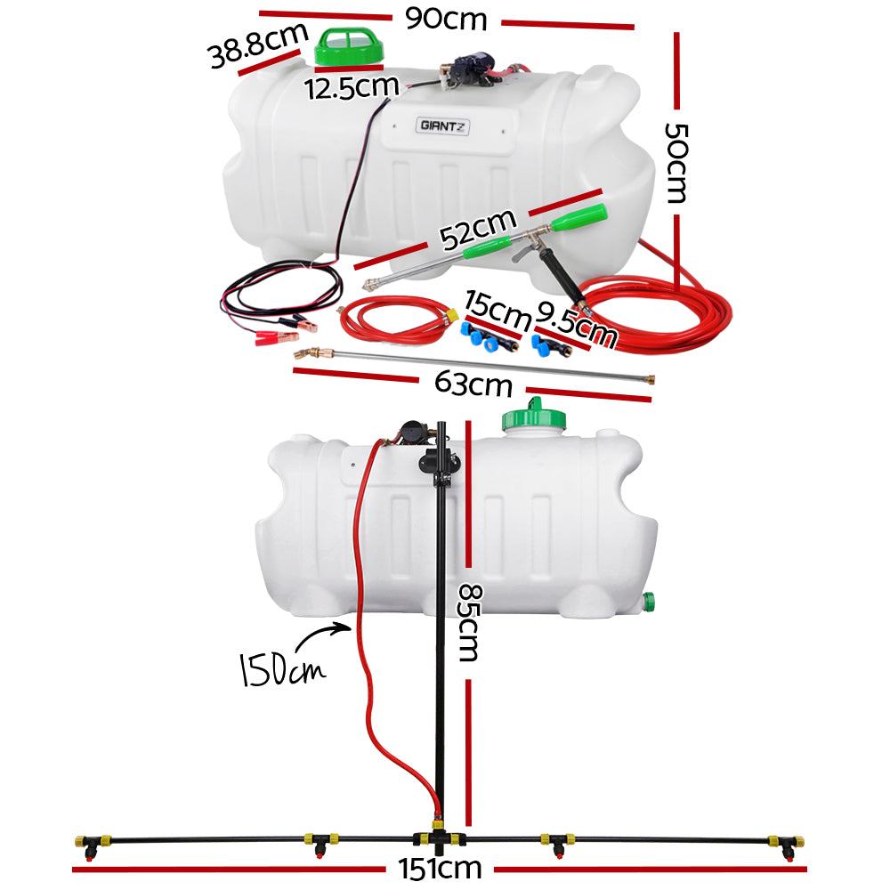 Garden weed sprayer parts diagram: white tank, red cables and hoses, black pump, boom