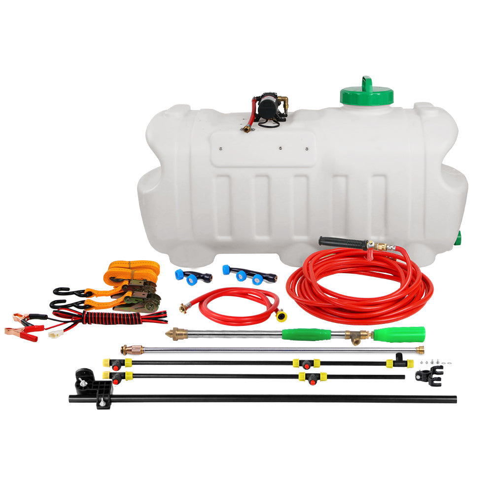 Weed sprayer tank with boom and hose kit, white tank, green cap, red hose, orange fittings