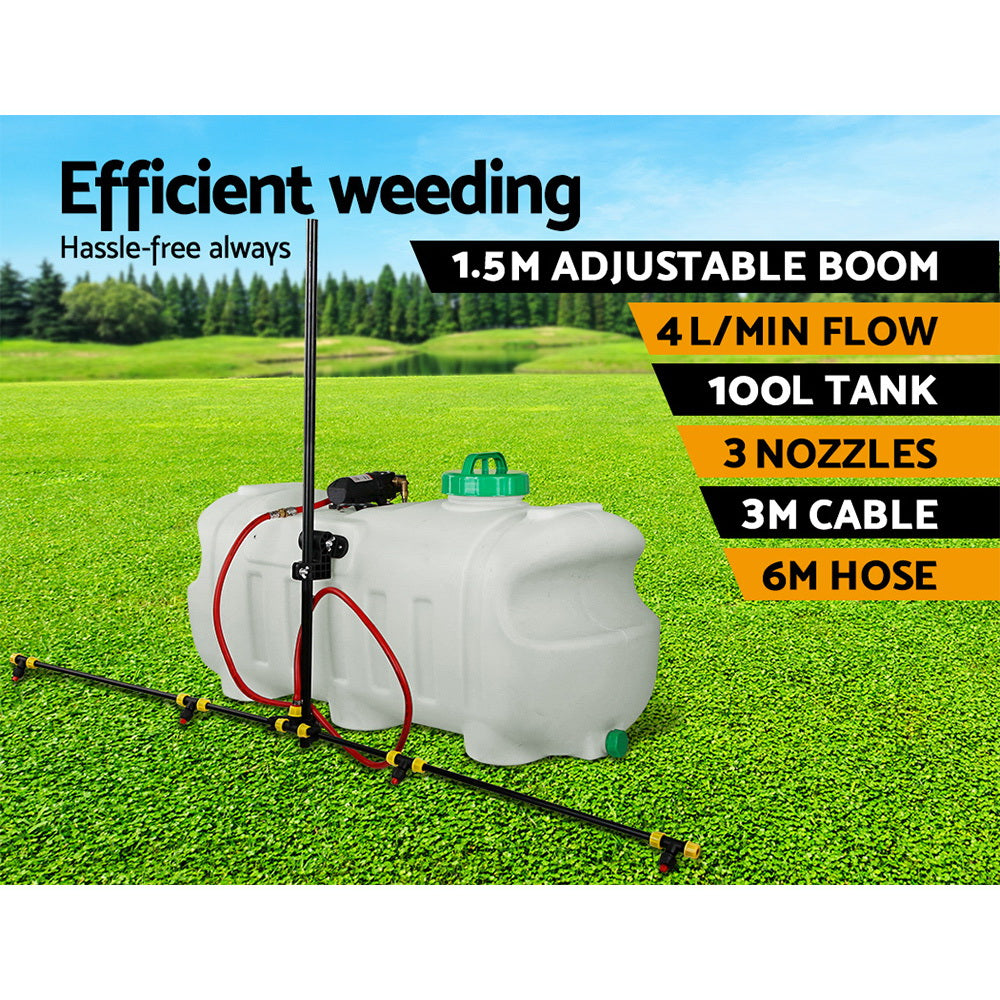 Garden weed sprayer with 1.5 m adjustable boom, white tank, green cap, red hose