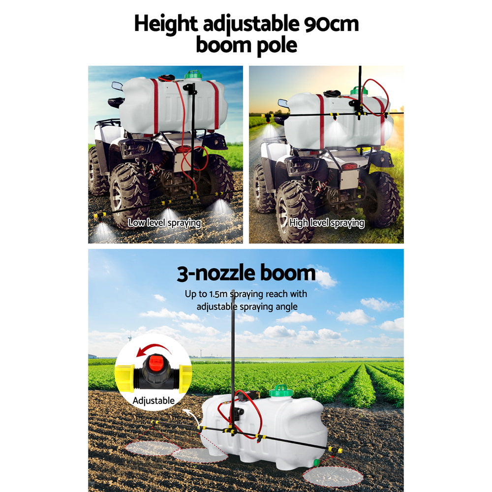 Weed sprayer boom height adjustable setup, white tank, green cap, red hose, pump
