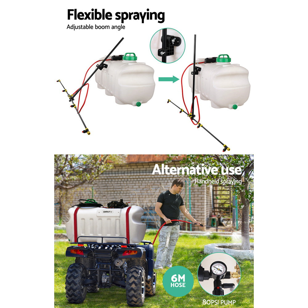 Weed sprayer with adjustable boom angle, white tank, green cap, red hoses, pump