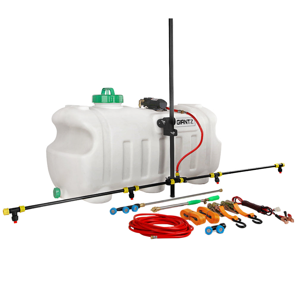 Garden weed sprayer tank with boom, white body, green cap, red hose, black pump and parts