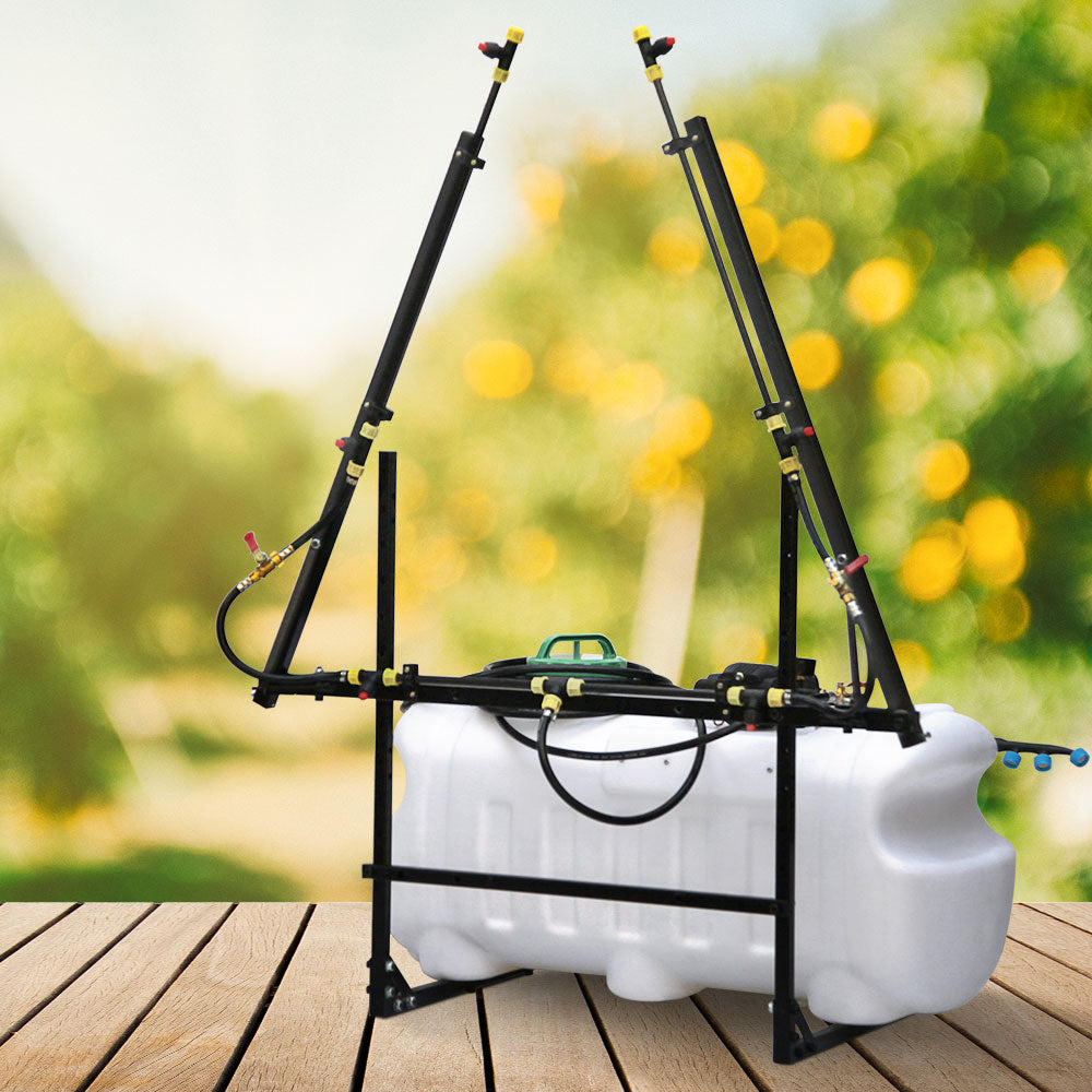 100L garden boom sprayer with white tank and black frame, two upright boom sections