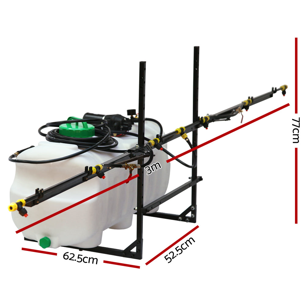 Garden weed sprayer boom frame with white 100L tank, 3m boom span and measurements