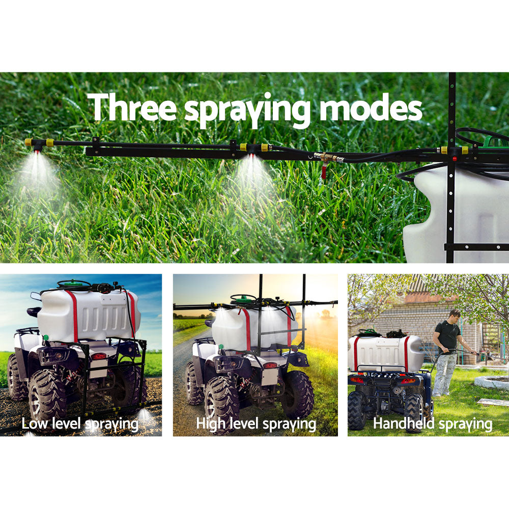 Boom sprayer with green spray nozzles shown with three spraying mode illustrations