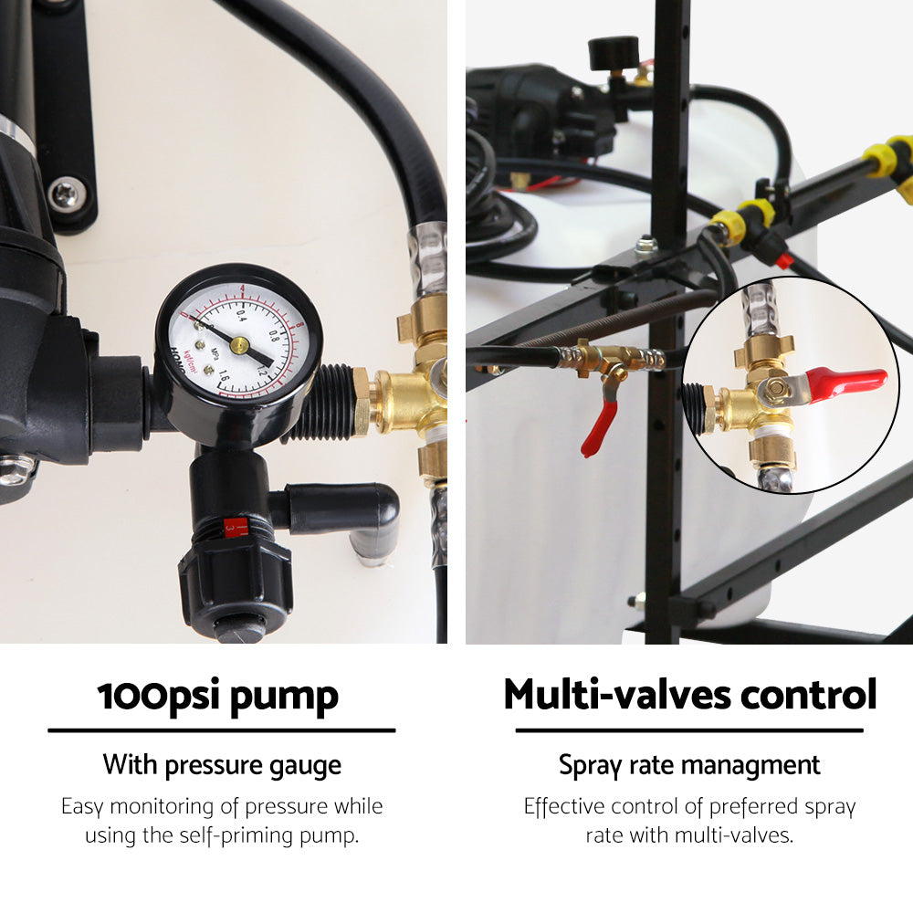 Weed sprayer pressure gauge and multi-valves control on black frame beside white tank