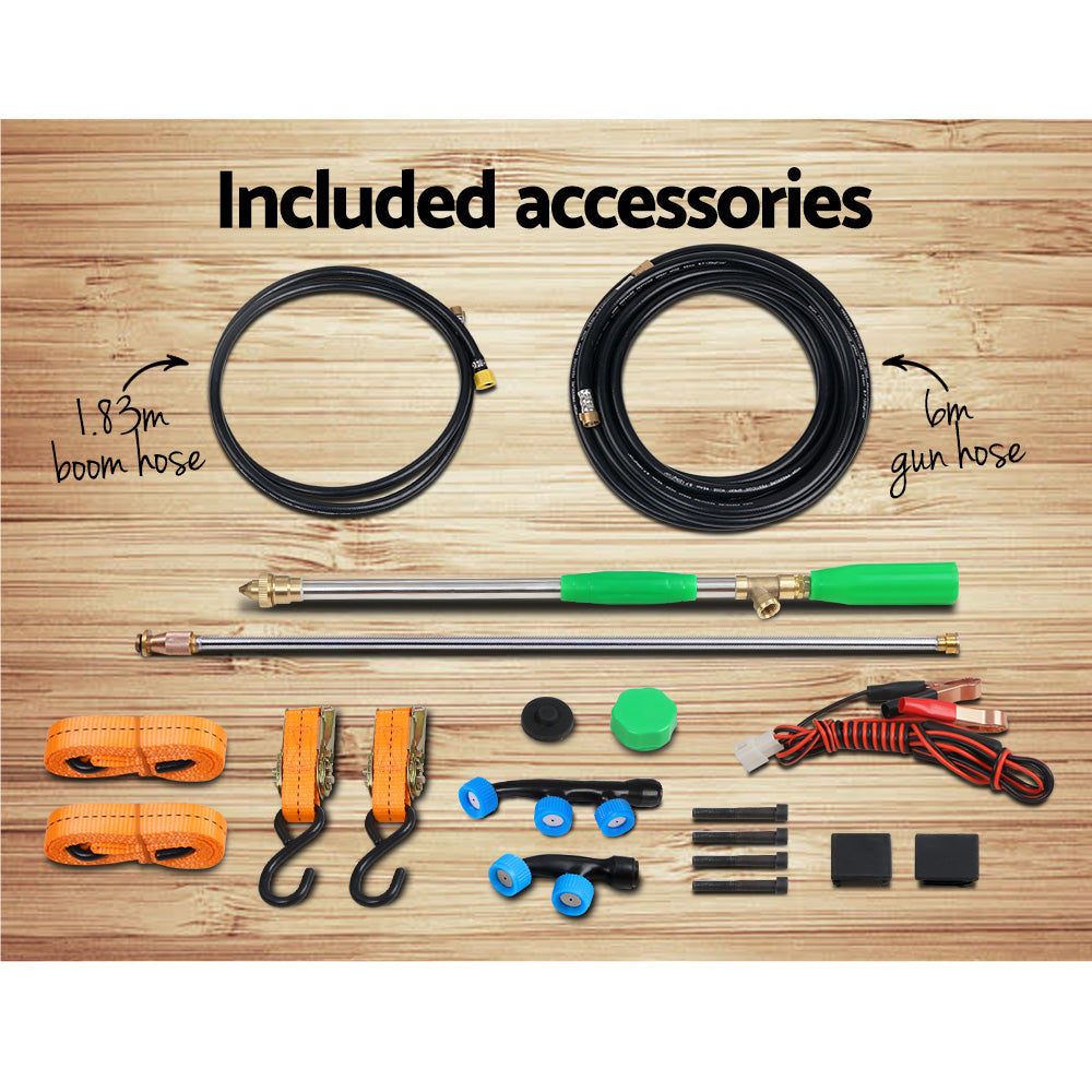Included weed sprayer accessories: hoses, fittings, green nozzle parts, clamps and connectors