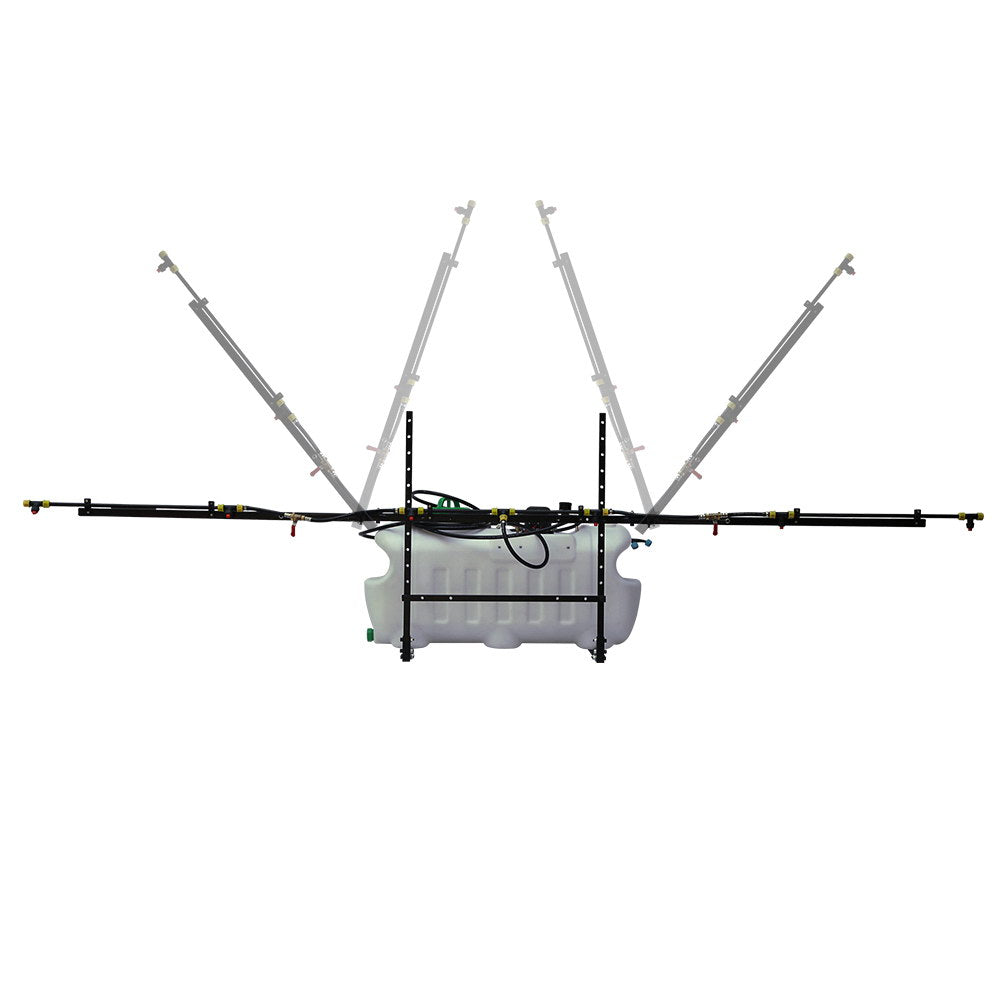 Three-nozzle boom sprayer frame with white tank and central pump controls