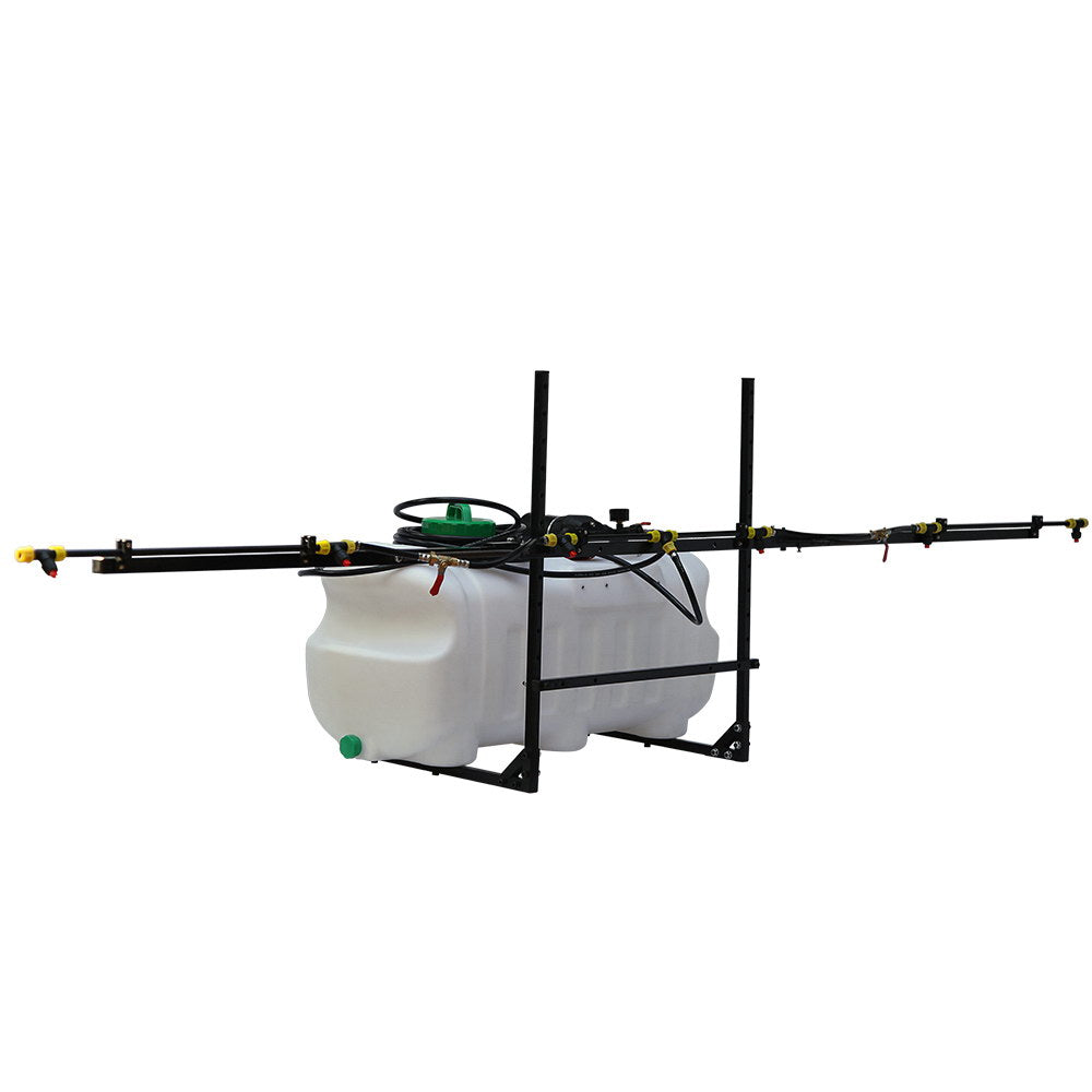Garden boom sprayer with white 100L tank, black frame, and long horizontal spray boom