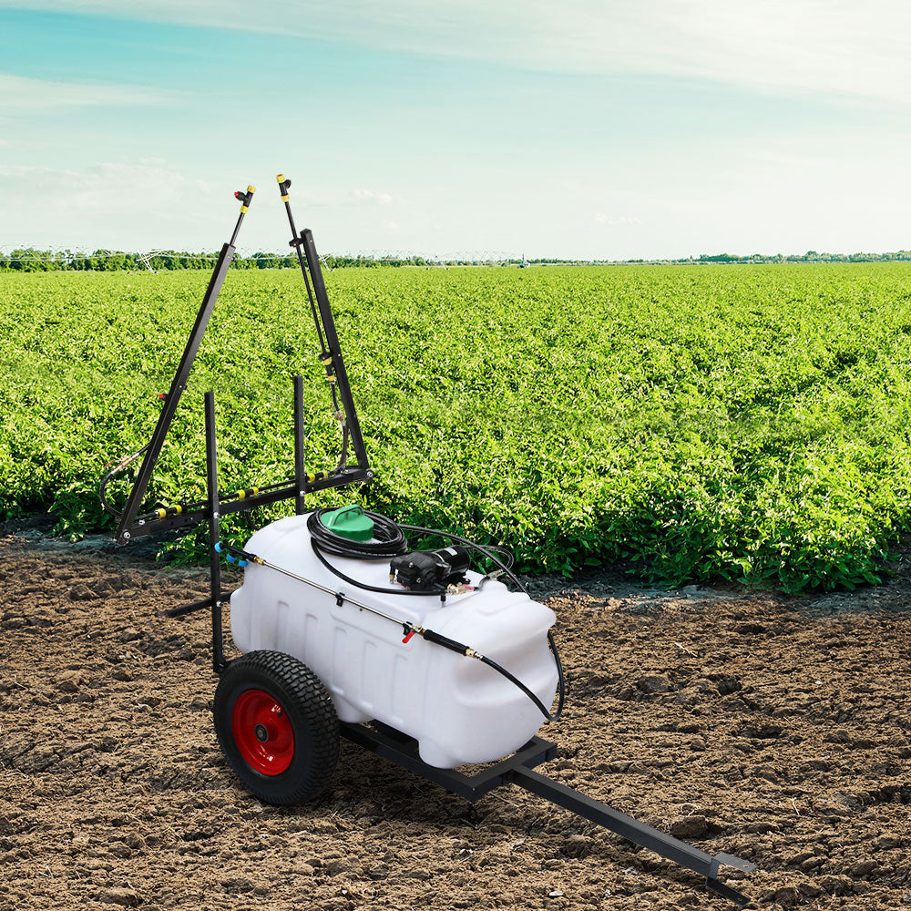 Garden weed sprayer on tow trailer with 3 m boom and white 100L tank, red wheels