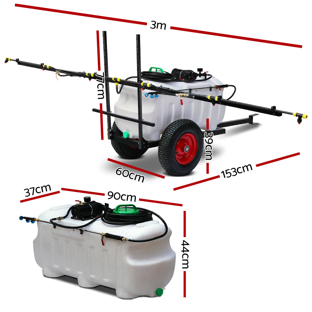 White 100L weed sprayer trailer with 3 m boom, red wheel, and mounted control unit