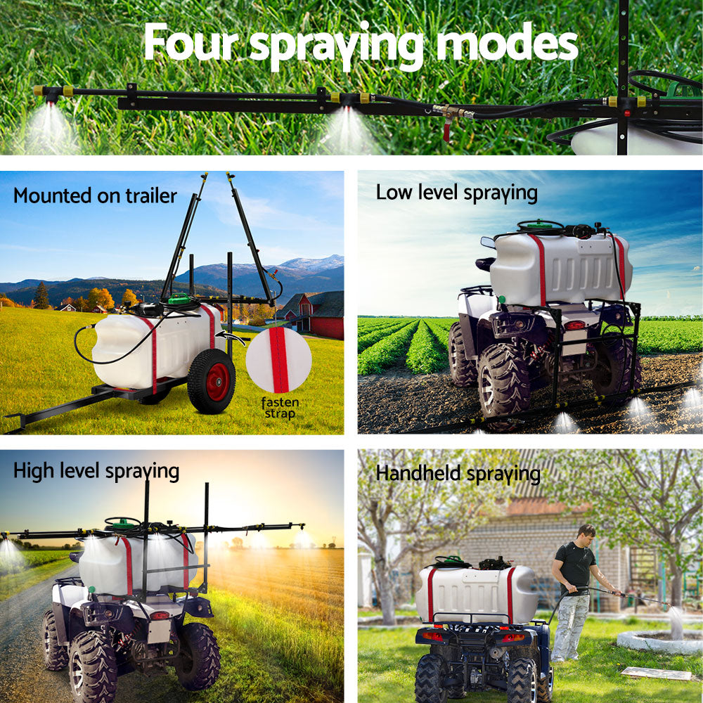 Trailer weed sprayer with tank, wheels, and spray boom attachment