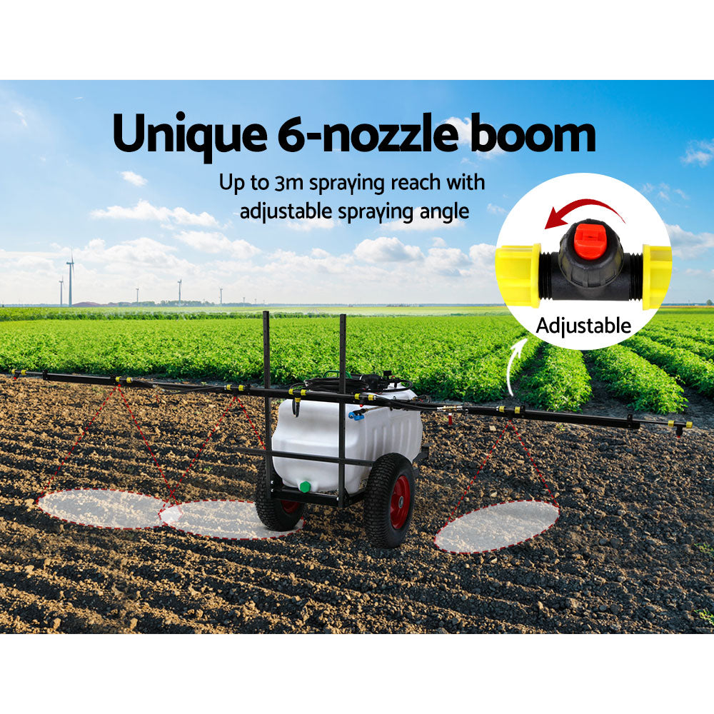 Trailer weed sprayer with 6-nozzle boom and adjustable spray nozzles