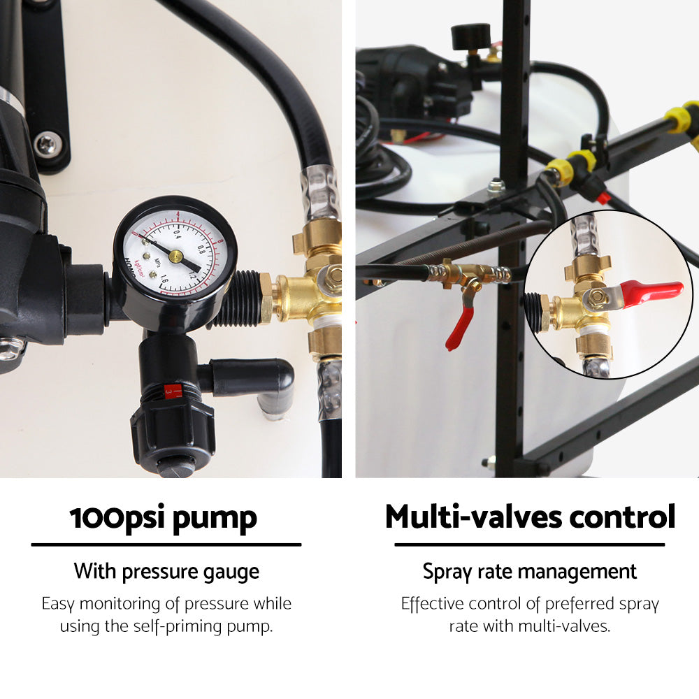 Weed sprayer pressure gauge with brass fittings and black hoses on the tank system