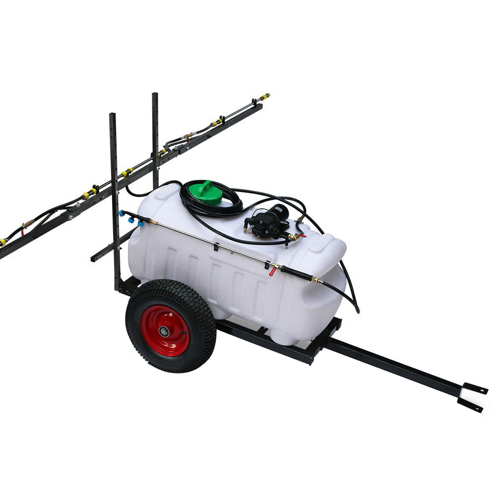 Weed sprayer trailer with white 100L tank, green cap, and 3 m boom, red wheel