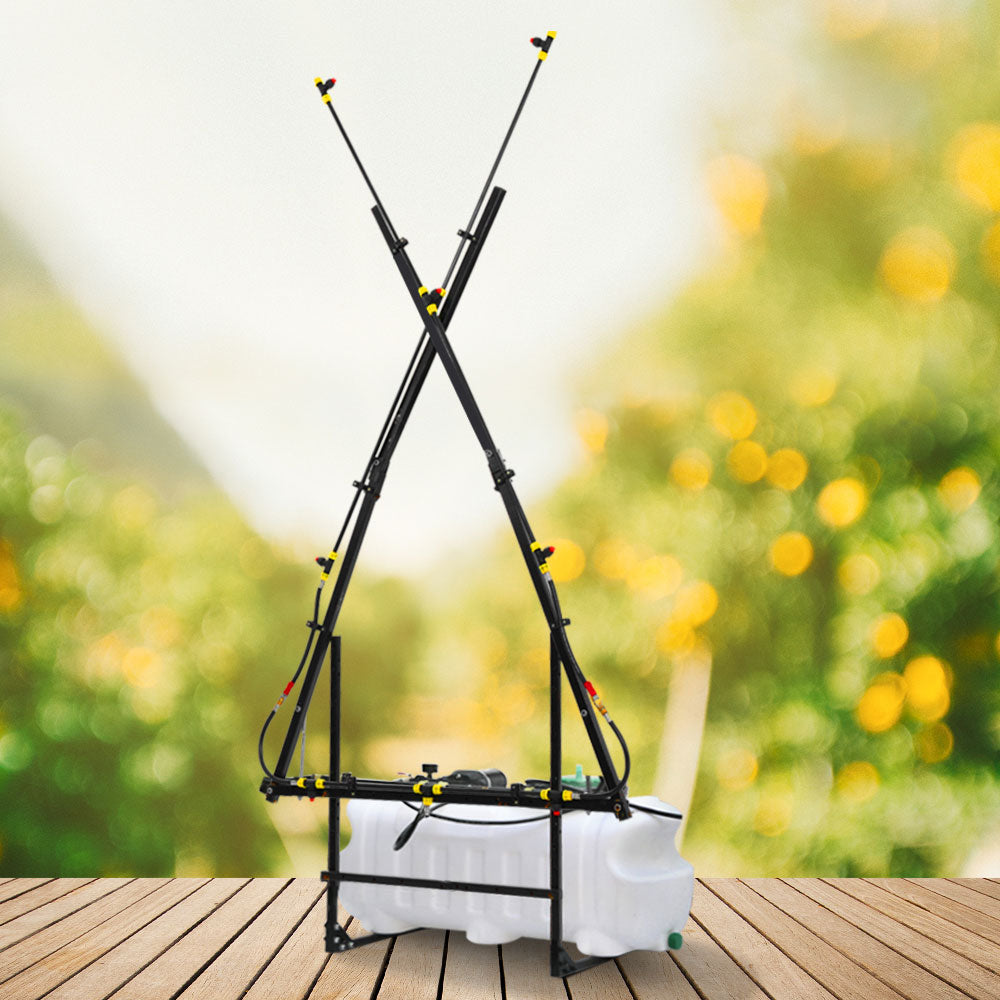 100L weed sprayer with black X-frame boom and white tank on a garden stand