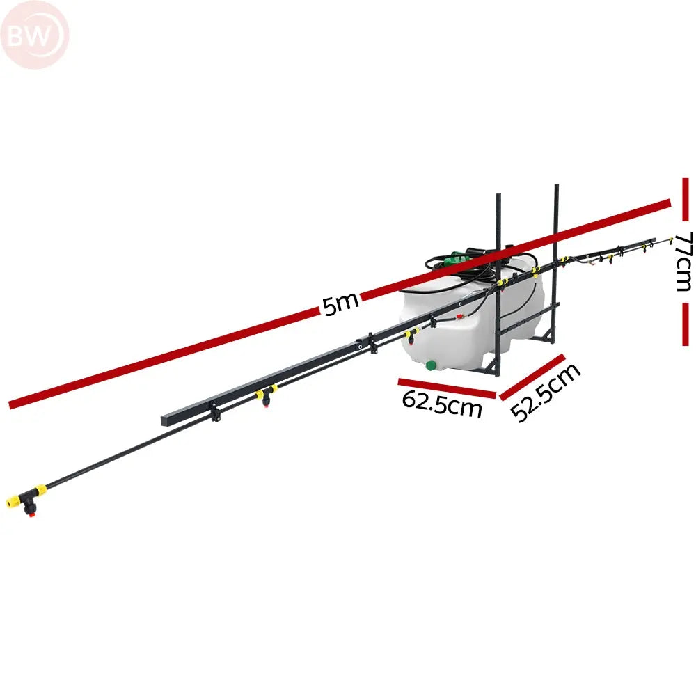 5 m boom weed sprayer layout with adjustable nozzle bar and white solution tank