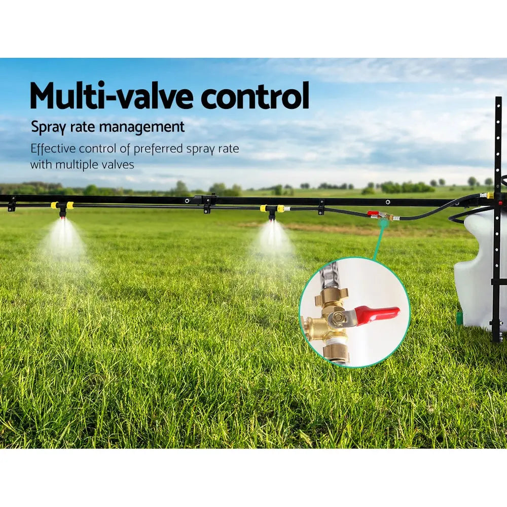 Weed sprayer boom with multi-valve control manifold and spray nozzles over grass