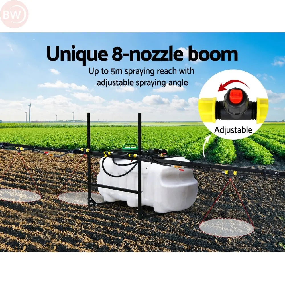 Weed sprayer with adjustable 8-nozzle boom and white tank for crop rows
