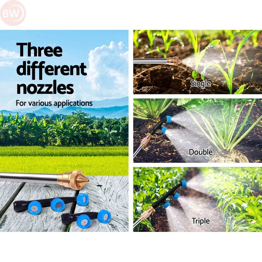 Weed sprayer boom showcasing three nozzle types: single, double, and triple