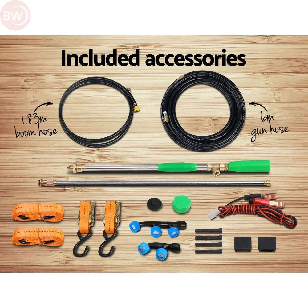 Garden weed sprayer included accessories set with hoses, fittings, and straps