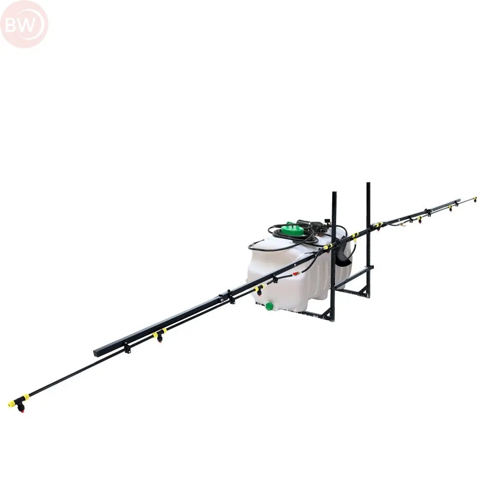 Garden boom sprayer with white 100L tank, green pump cap, and long nozzle boom