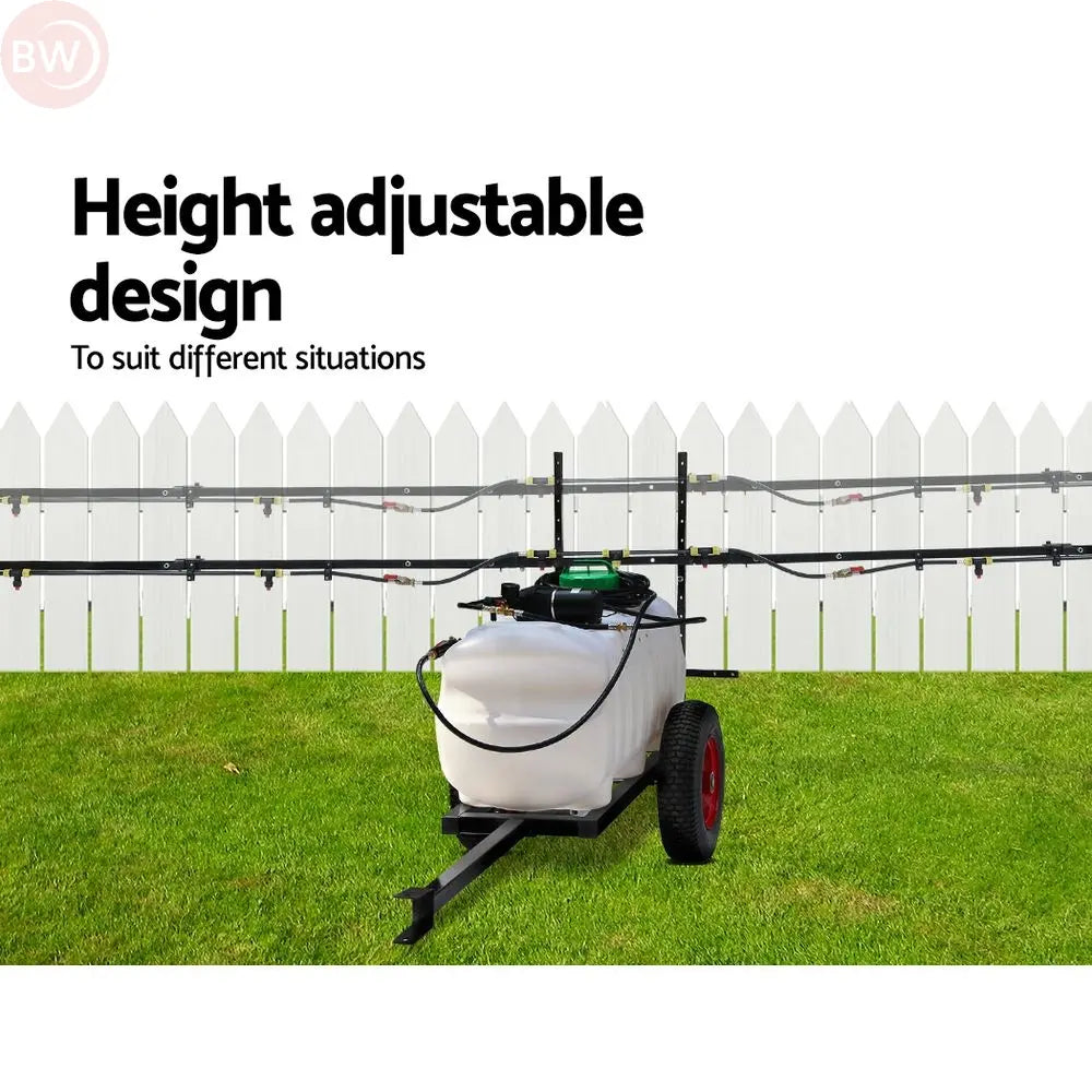 Trailer weed sprayer with adjustable boom, white tank and red wheels